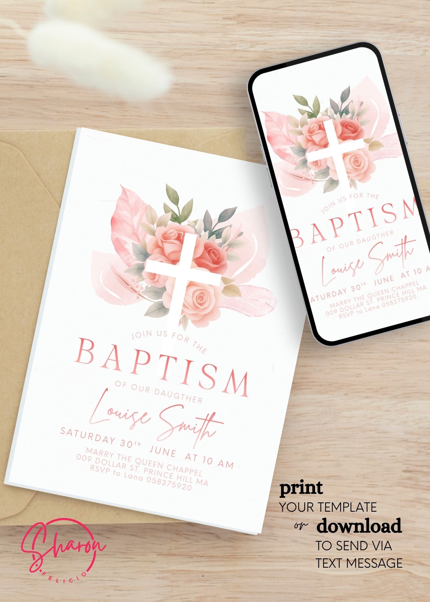 Boho Floral Baptism Invitation for Girls - Image 3